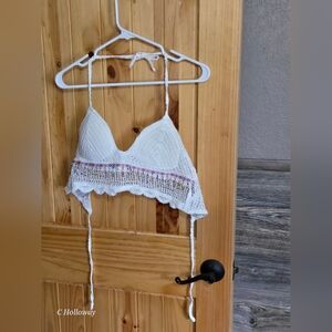 Shein Size Large White Tie Backless Beaded detail crop Halter  Top. Boho